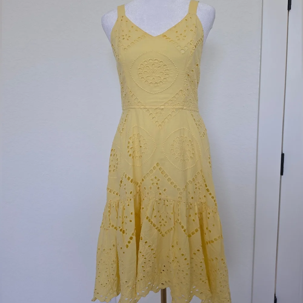 Japna Yellow Eyelet Sundress Cottagecore Boho Midi Dress Cotton Smocked Back M - Picture 2 of 6